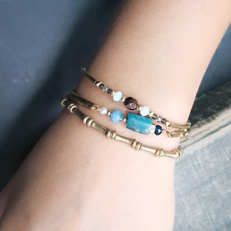 VIIART。龍淵。珍珠海藍寶藍燐灰石黃銅手鍊 | 原創天然石手鏈