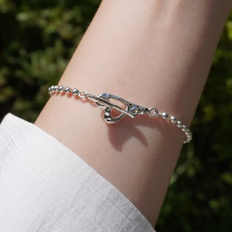(925 Sterling Silver) Heart toggle ball chain bracelet