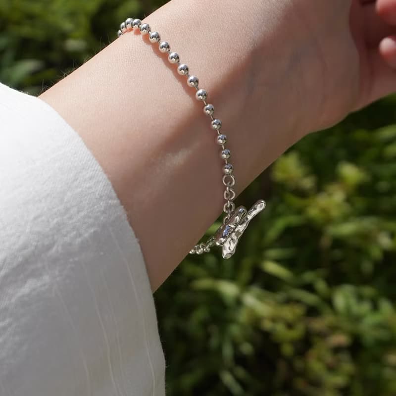 (925 Sterling Silver) Heart toggle ball chain bracelet