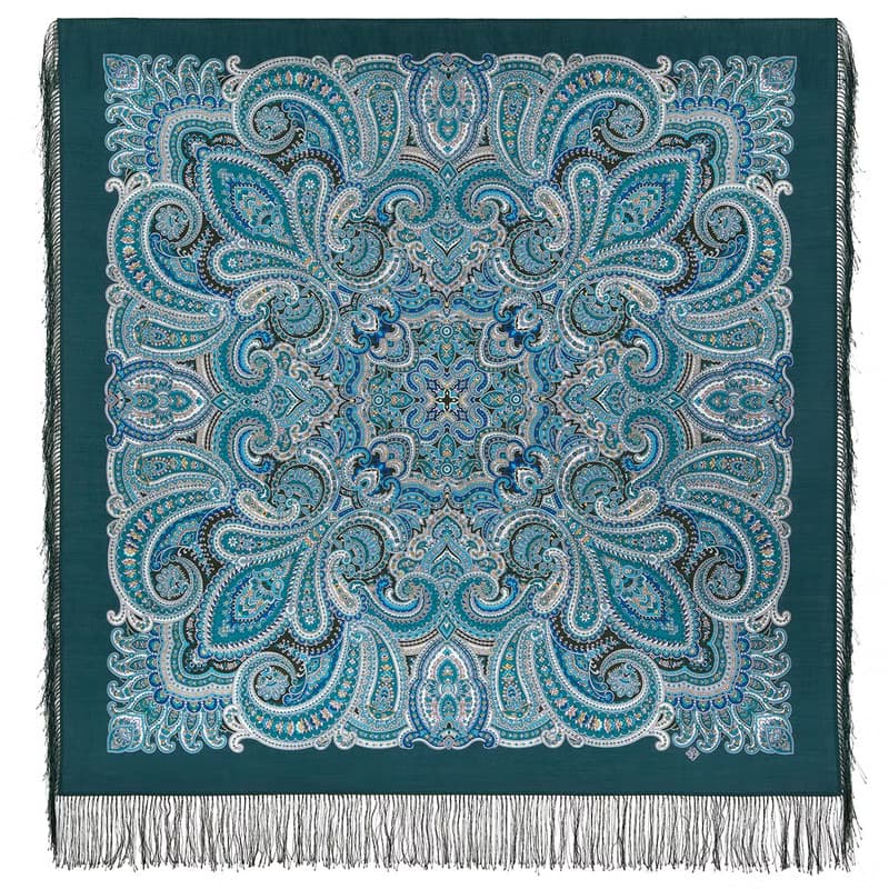 Pavlovo Posad Russian Shawl 100% Wool Scarf 125x125 cm Wrap Silk Fringe 1895-12