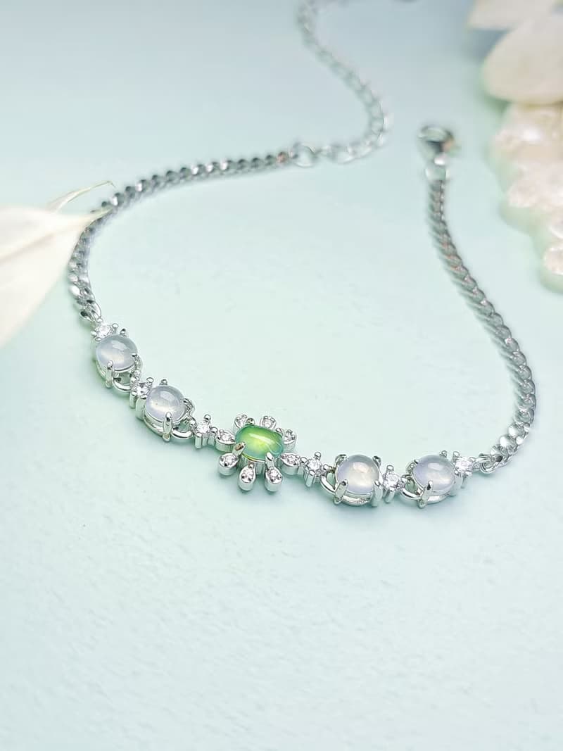 財富|仙女氣|緬甸翡翠高冰白綠飄花蛋面4.8mm純銀鍍18k多顆手鏈