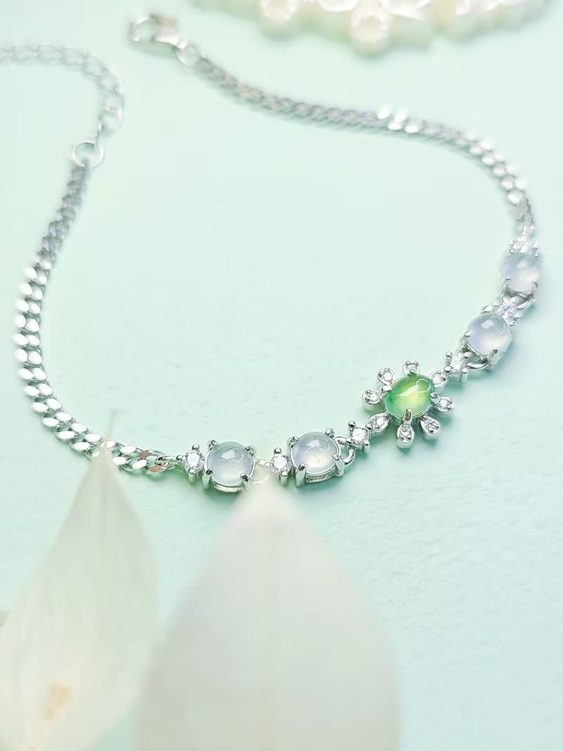 財富|仙女氣|緬甸翡翠高冰白綠飄花蛋面4.8mm純銀鍍18k多顆手鏈