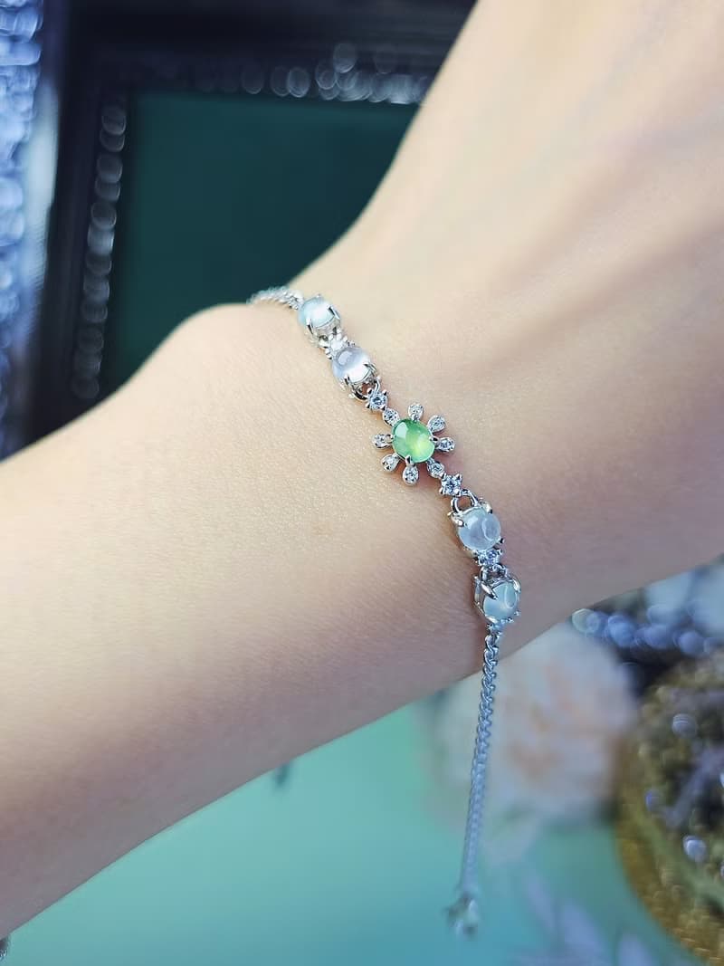 財富|仙女氣|緬甸翡翠高冰白綠飄花蛋面4.8mm純銀鍍18k多顆手鏈