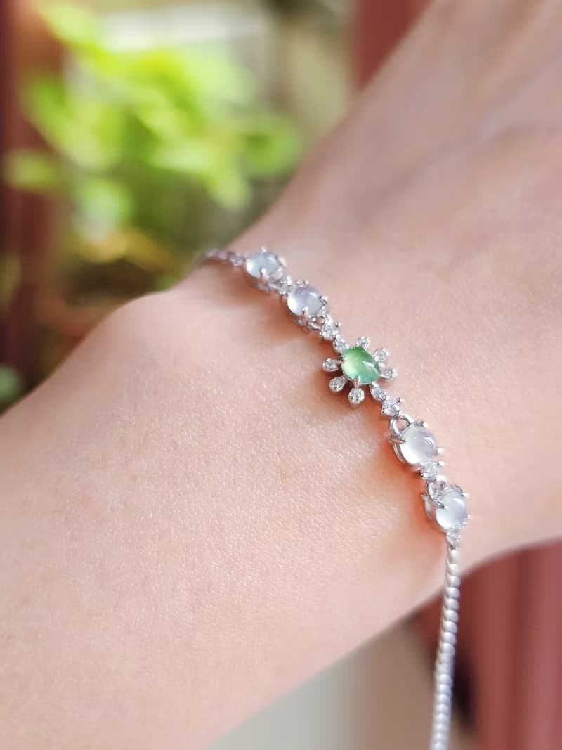 財富|仙女氣|緬甸翡翠高冰白綠飄花蛋面4.8mm純銀鍍18k多顆手鏈