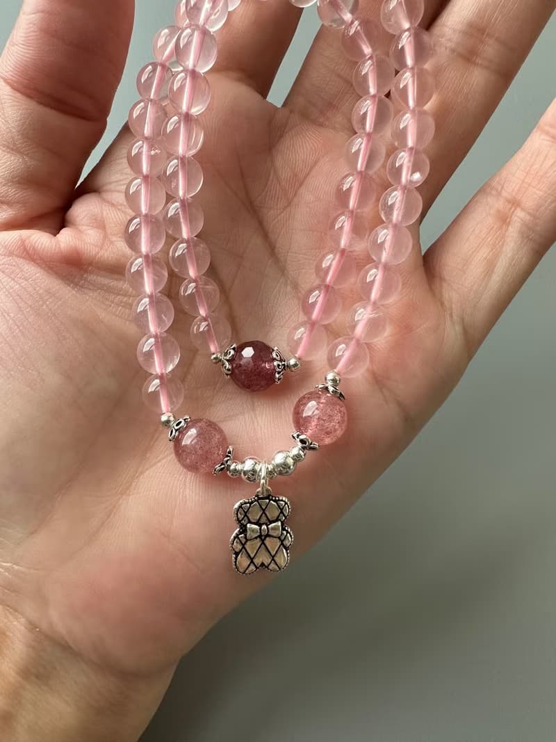 星光粉晶、草莓晶、S925純銀。免運。原創手鍊。