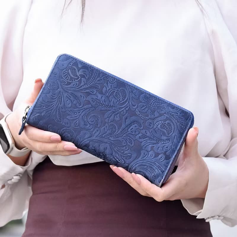 植物圖案 拉鍊圓形長夾 Hallelujah 全皮革 真皮 男女可用