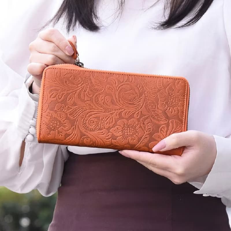 植物圖案 拉鍊圓形長夾 Hallelujah 全皮革 真皮 男女可用