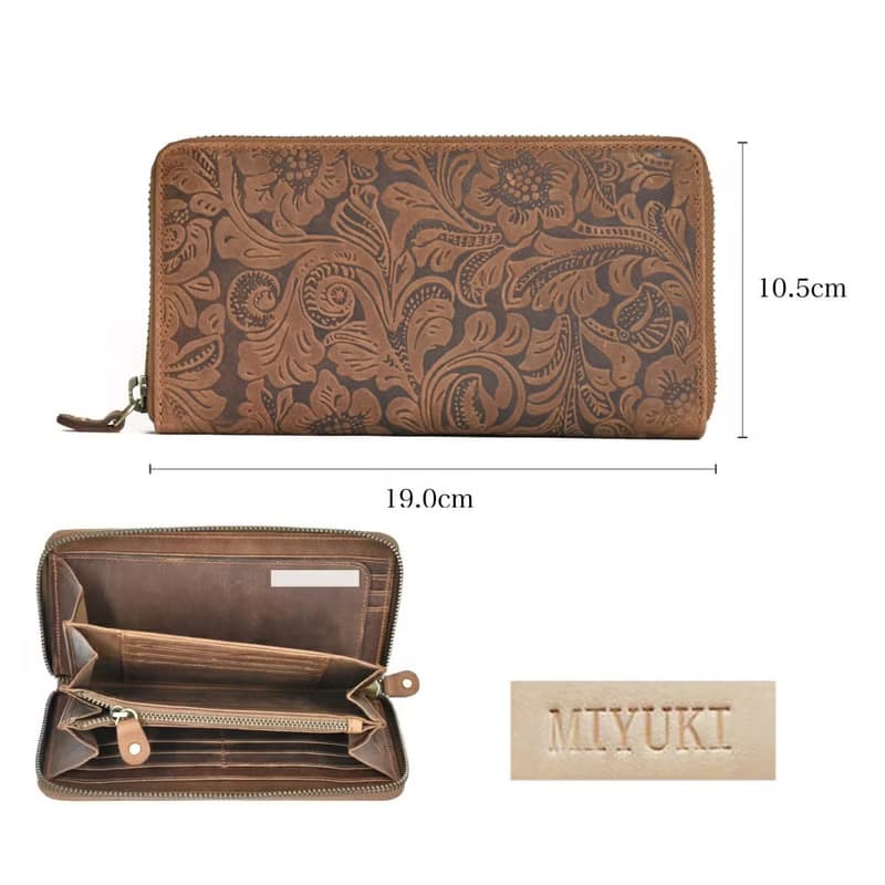 植物圖案 拉鍊圓形長夾 Hallelujah 全皮革 真皮 男女可用