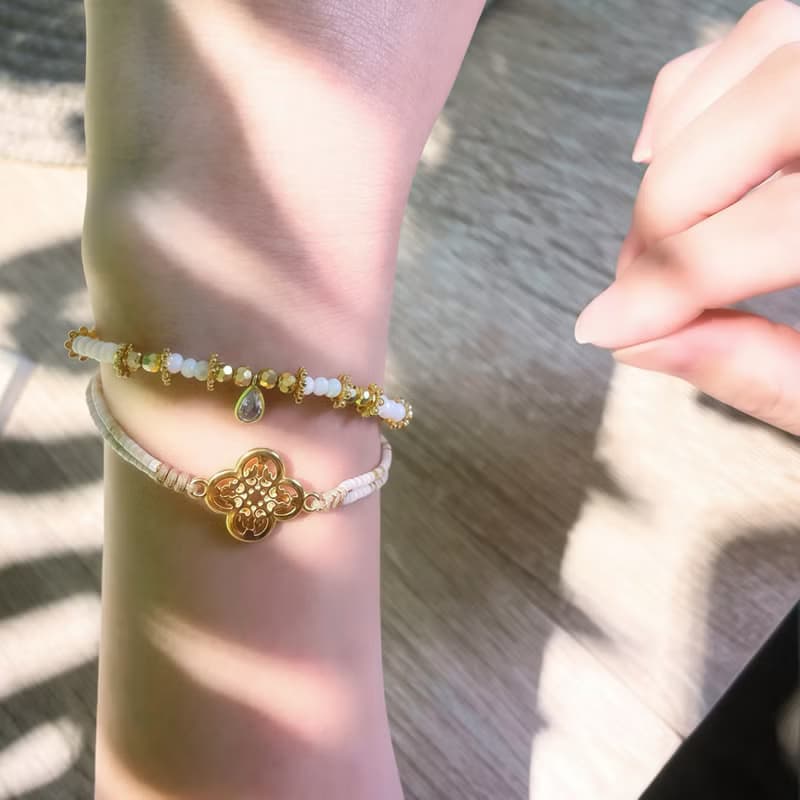 【新品】璀璨手環 (珍珠白)_ 水晶古董玻璃珠手鍊 可調手圍