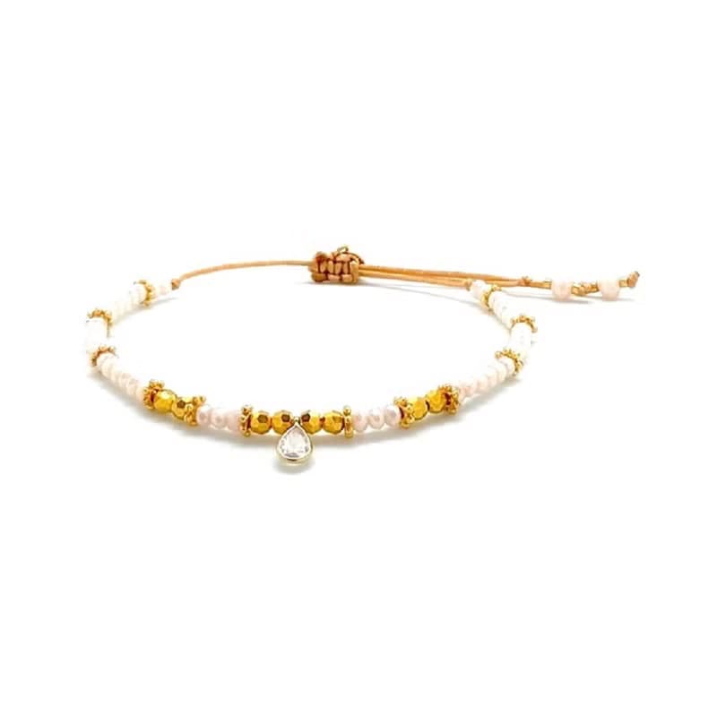 【新品】璀璨手環 (珍珠白)_ 水晶古董玻璃珠手鍊 可調手圍