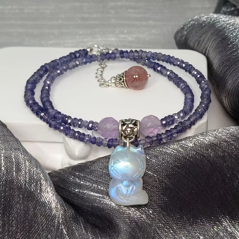 手鍊 堇青石 月光石 狐狸 紫水晶 草莓水晶 925銀飾 手珠 寶石