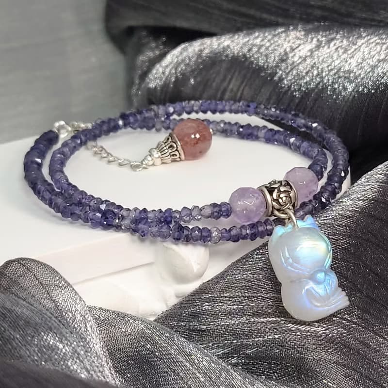 手鍊 堇青石 月光石 狐狸 紫水晶 草莓水晶 925銀飾 手珠 寶石