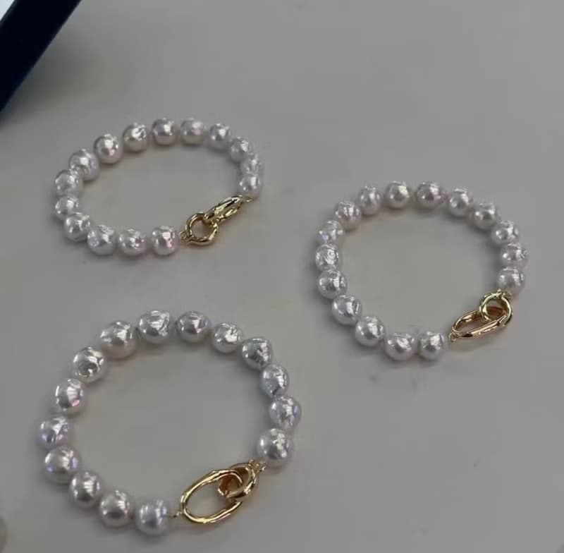 YuanPearl天然巴洛克9-11mm圓巴極光炫彩白亮冷光珍珠手鍊純銀