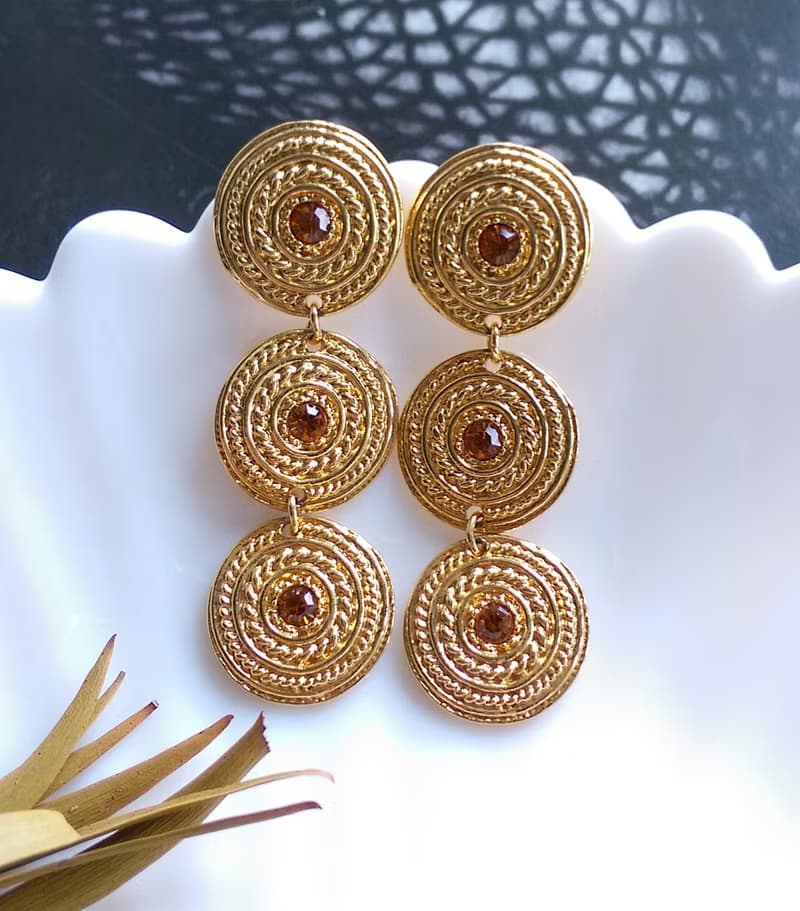 Vintage Jewelry 西洋古董飾品 金色調 垂墜 三圓搖擺 針式耳環