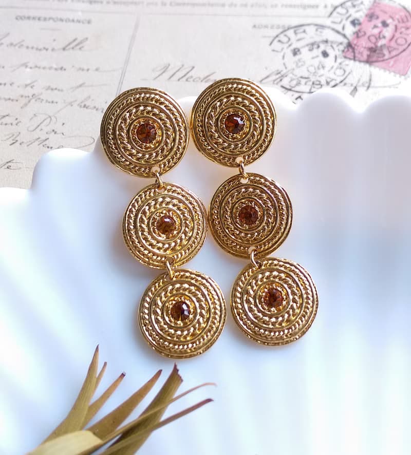 Vintage Jewelry 西洋古董飾品 金色調 垂墜 三圓搖擺 針式耳環