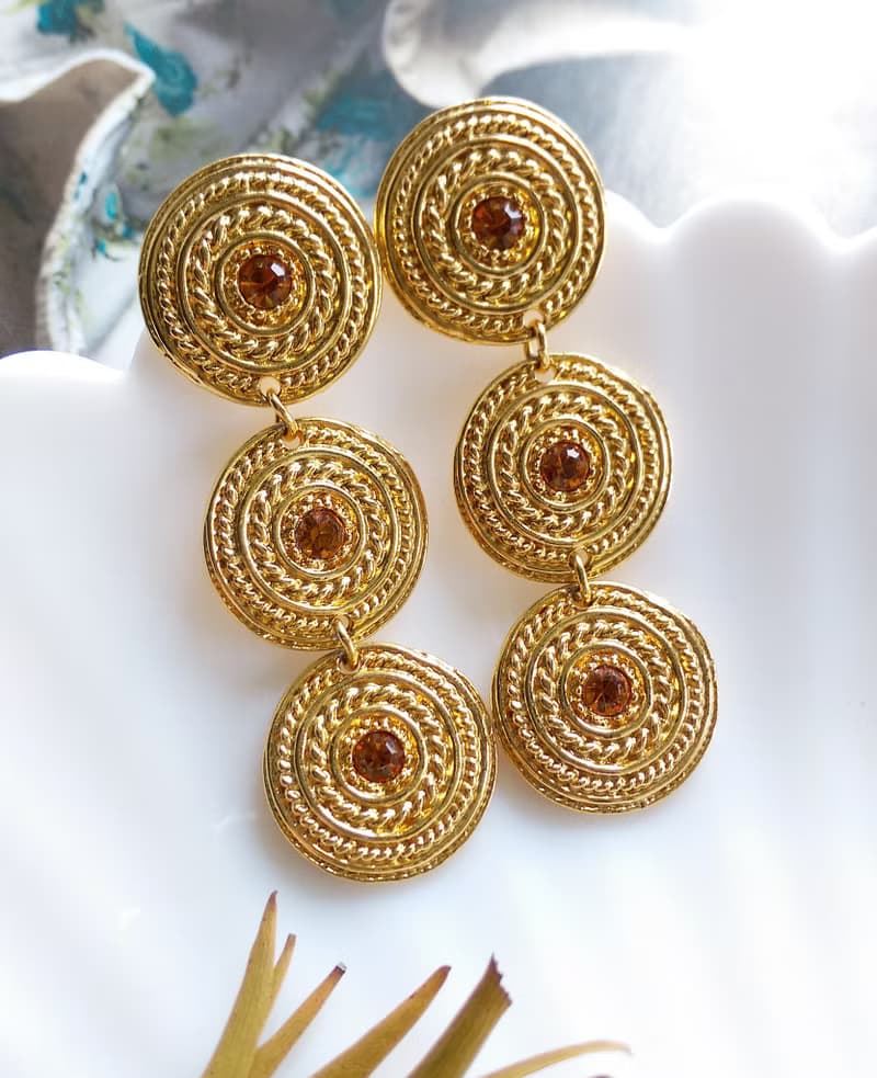 Vintage Jewelry 西洋古董飾品 金色調 垂墜 三圓搖擺 針式耳環