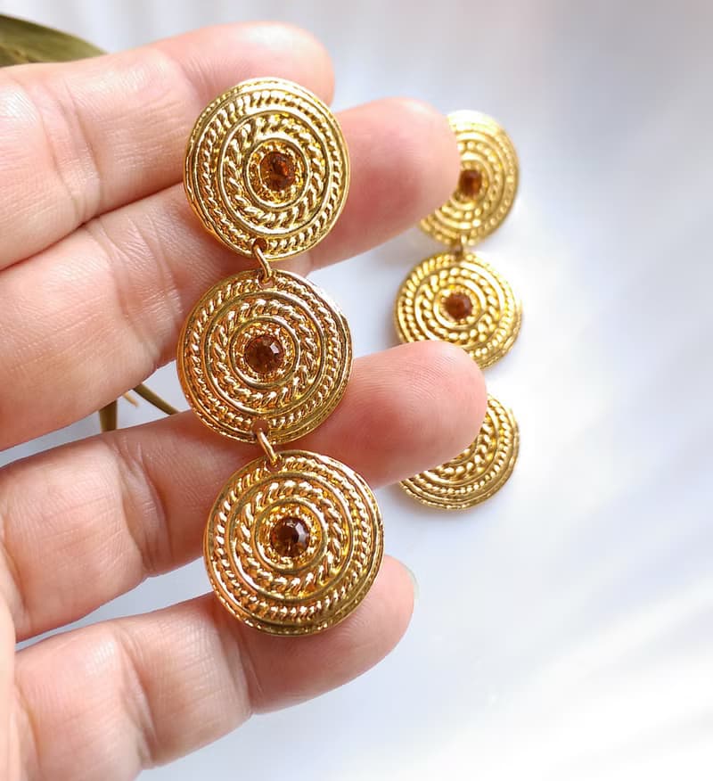 Vintage Jewelry 西洋古董飾品 金色調 垂墜 三圓搖擺 針式耳環