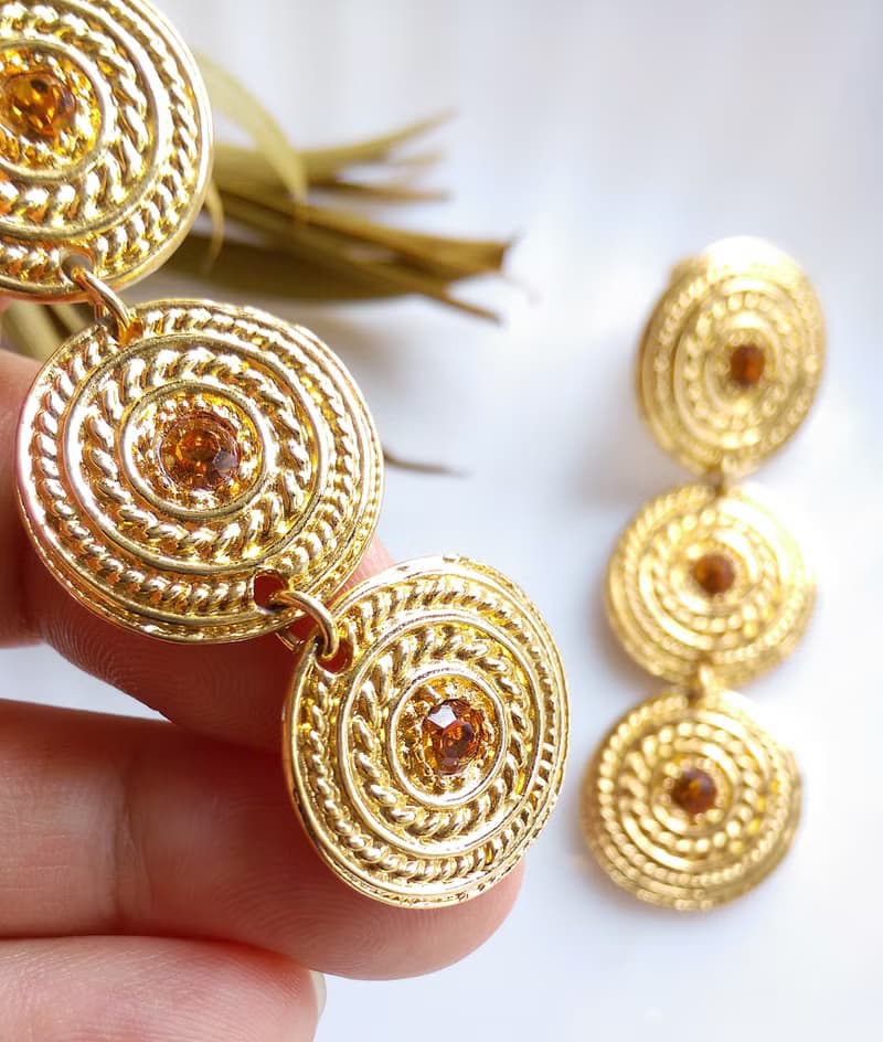 Vintage Jewelry 西洋古董飾品 金色調 垂墜 三圓搖擺 針式耳環