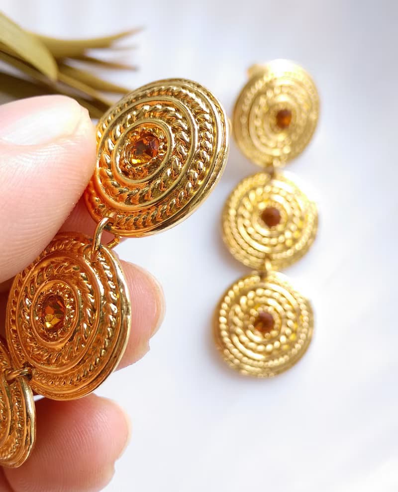 Vintage Jewelry 西洋古董飾品 金色調 垂墜 三圓搖擺 針式耳環