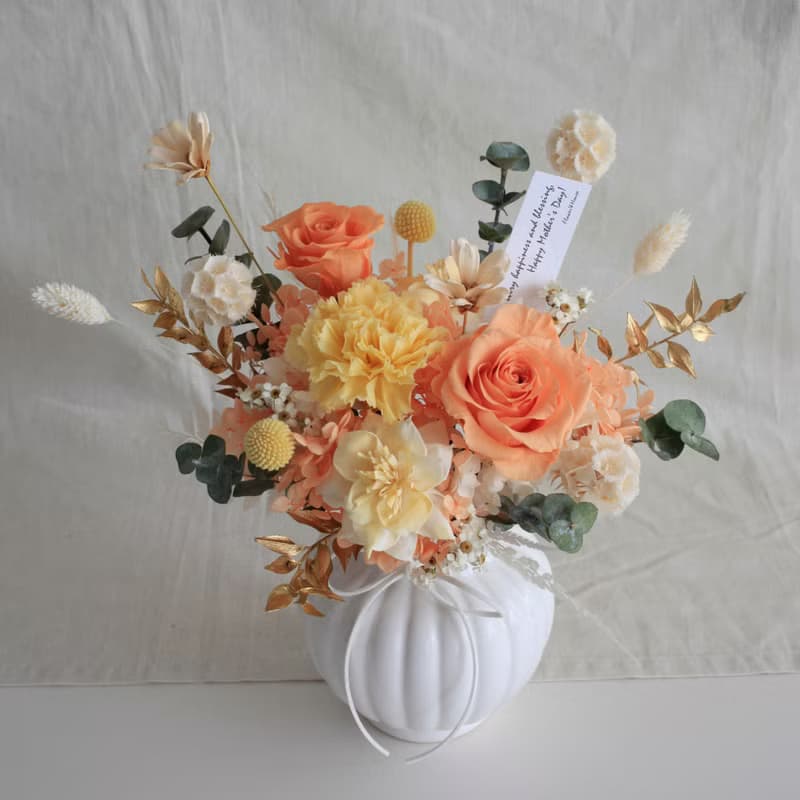 永生康乃馨 玫瑰+乾燥花∣午後微風∣橘黃色 開幕 升遷 生日