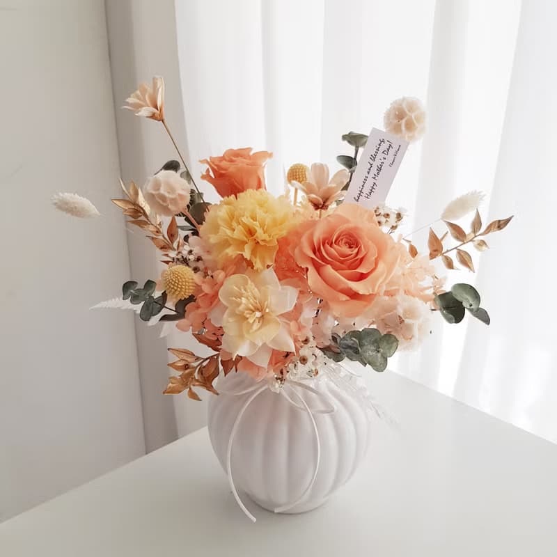 永生康乃馨 玫瑰+乾燥花∣午後微風∣橘黃色 開幕 升遷 生日