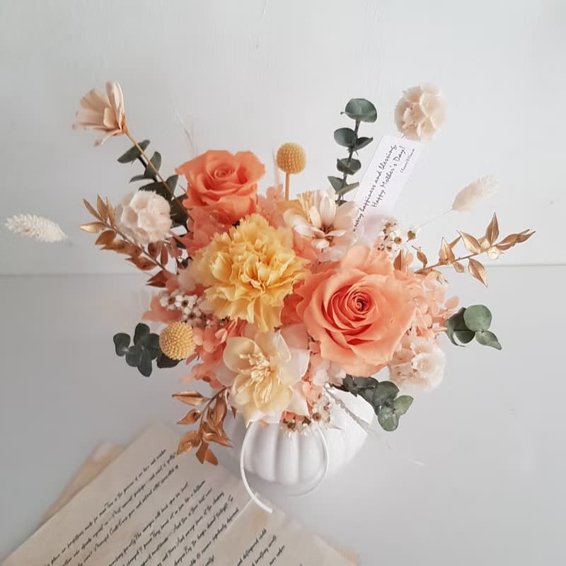 永生康乃馨 玫瑰+乾燥花∣午後微風∣橘黃色 開幕 升遷 生日