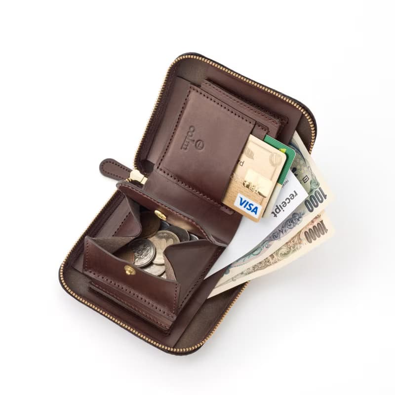 植鞣革牛皮ㄇ字拉鍊短夾 - 深藍