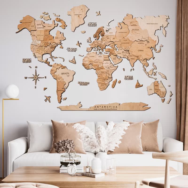 質樸的牆壁裝飾 木質世界地圖 大型家居裝飾 喬遷禮物 臥室