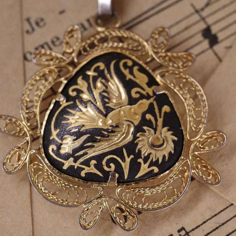 西班牙鑲嵌 大馬士革金屬鑲嵌 雙鳥花草 掐絲邊 項鍊 復古項鍊