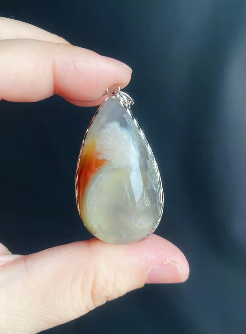 櫻花瑪瑙 牛血紅 水中花 帶綠 S925銀鑲拖 吊墜 禮物 項鍊