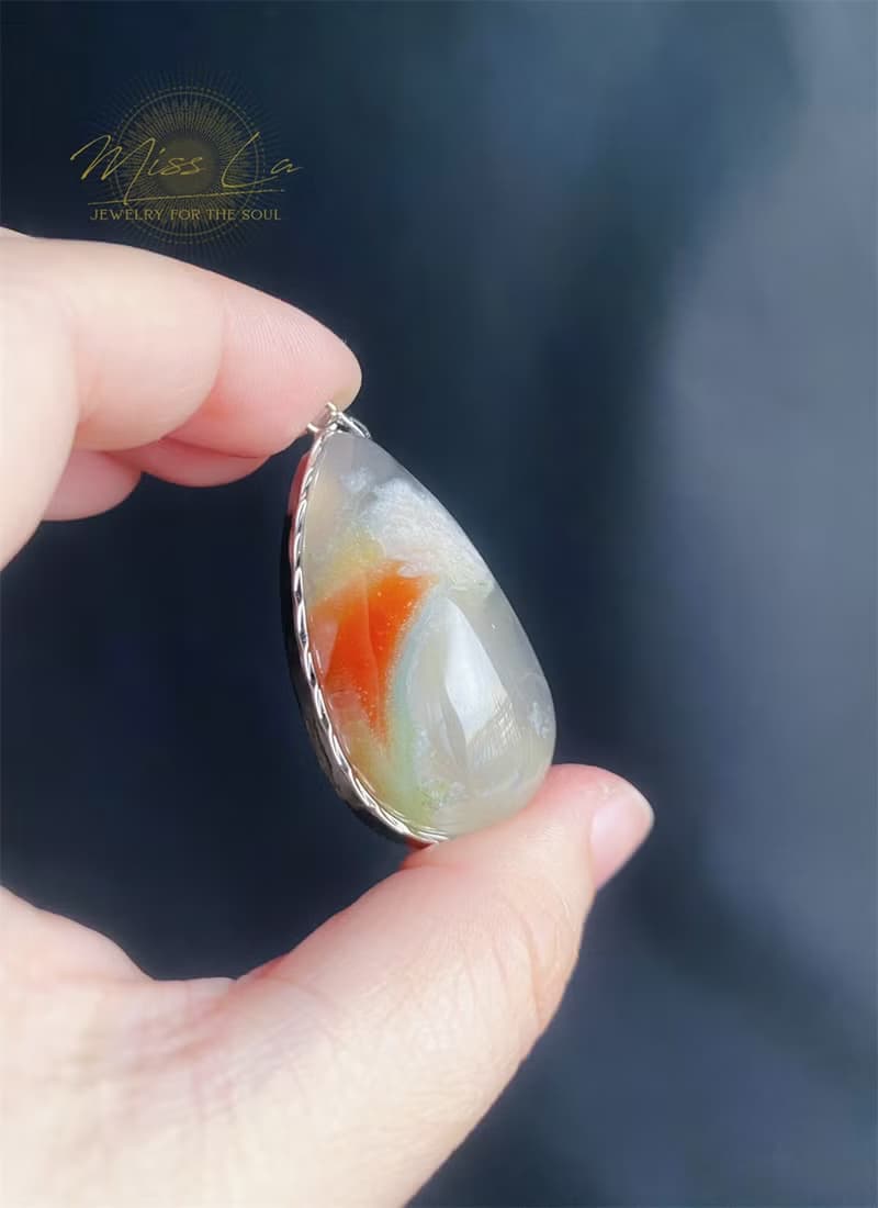 櫻花瑪瑙 牛血紅 水中花 帶綠 S925銀鑲拖 吊墜 禮物 項鍊