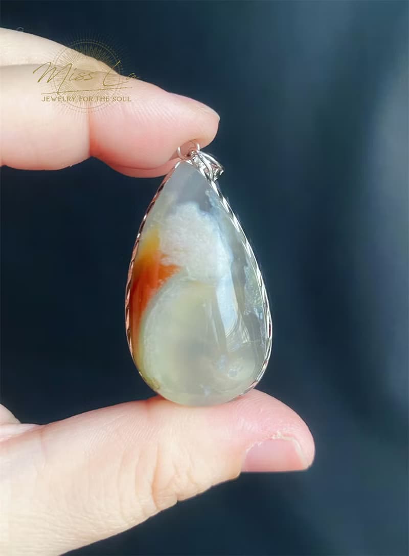 櫻花瑪瑙 牛血紅 水中花 帶綠 S925銀鑲拖 吊墜 禮物 項鍊