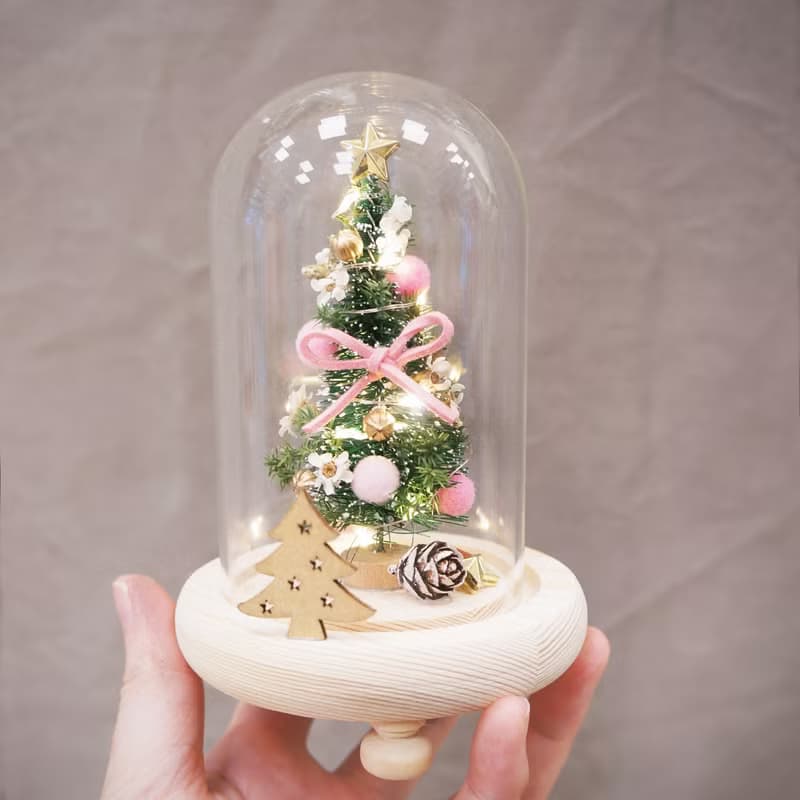 聖誕樹蠟燭×永生聖誕樹LED玻璃罩 交換禮物盒/浪漫粉/附燭台、燈