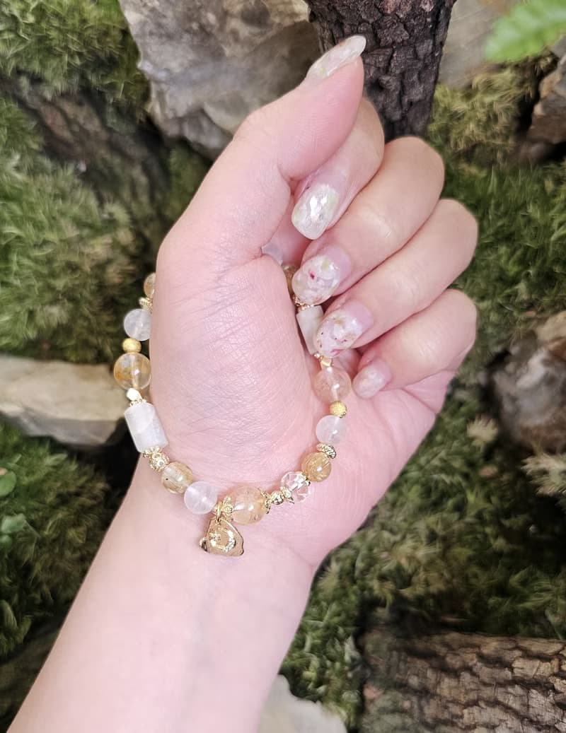 晶月花影-黃膠花/月光石/鈦晶/招財水晶手鍊/開運水晶/豐盛/好運