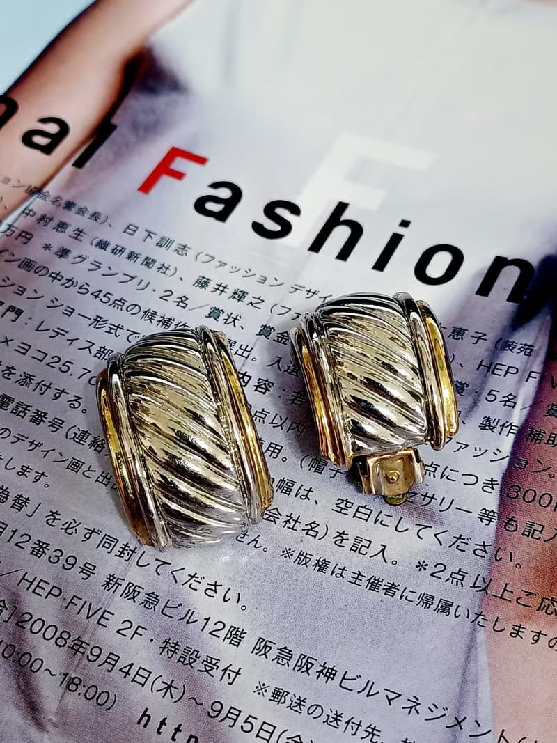 vintage jewelry  古董雙色柱紋格夾式耳環