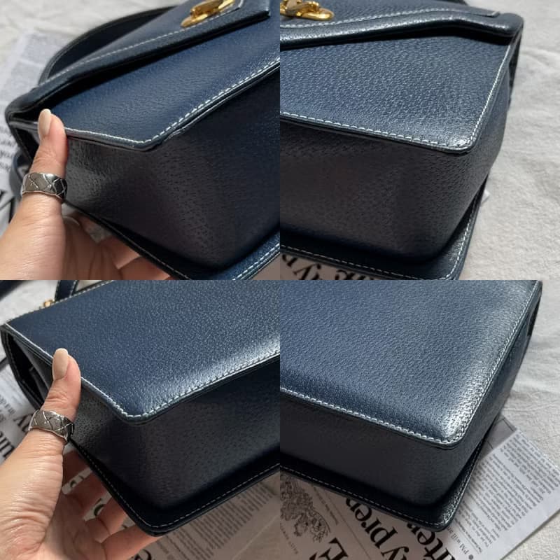 中古Valentino Garavani小V金扣 明線牛皮深丹寧配色 手提單肩包