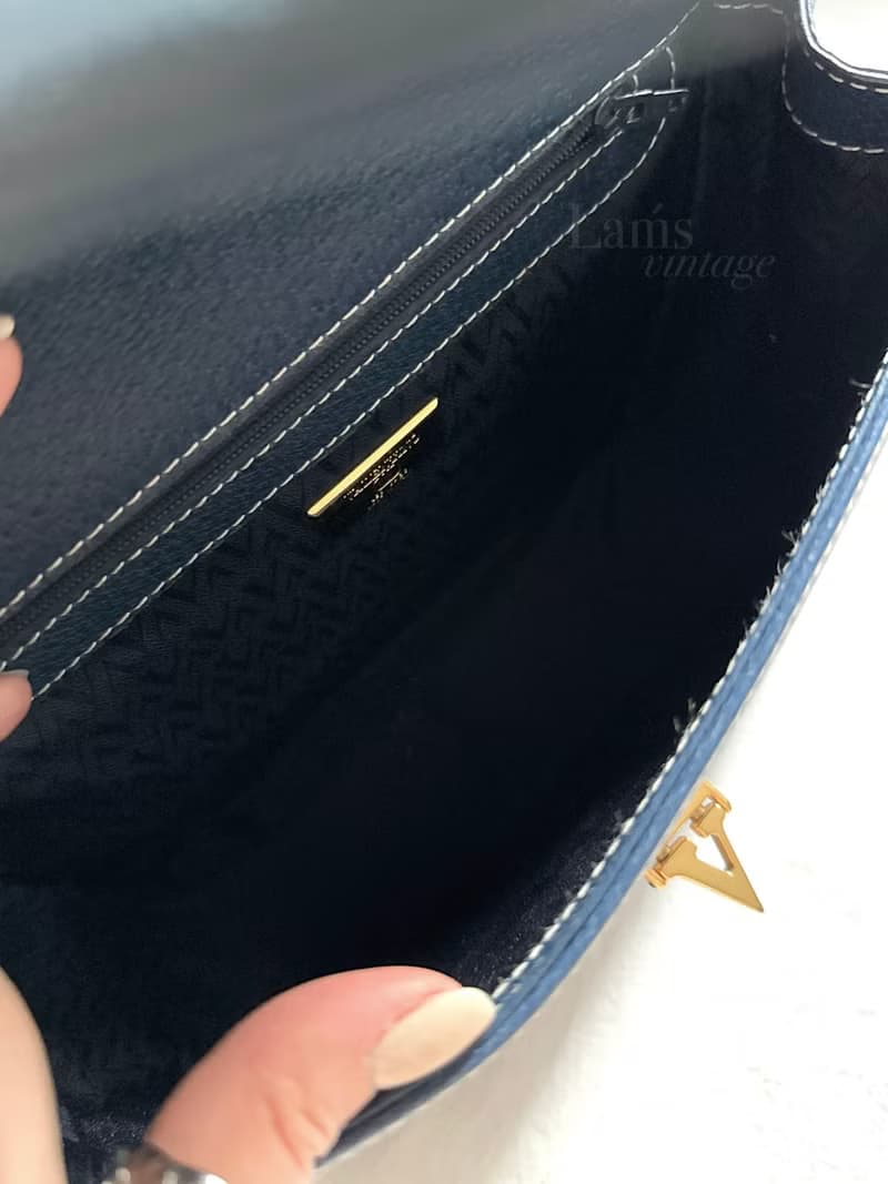 中古Valentino Garavani小V金扣 明線牛皮深丹寧配色 手提單肩包