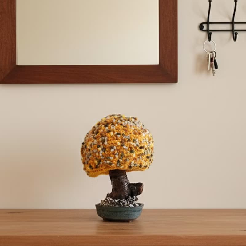 手鉤四季 手作秋天樹 限量毛線植栽 樹段+釉燒盆器 黃色結粒秋楓