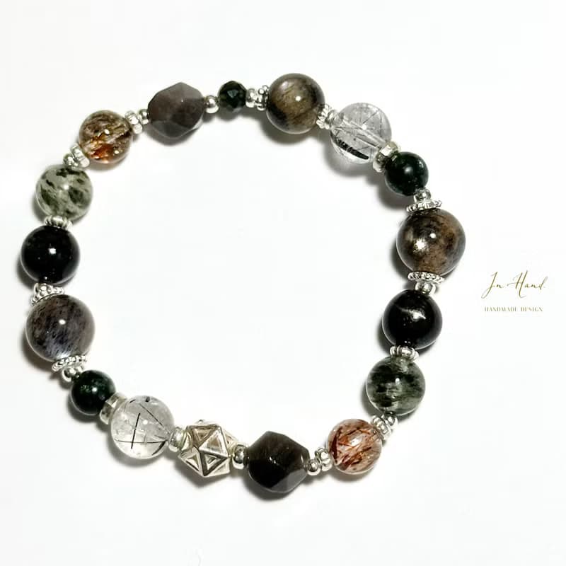 忘憂森林-黑金骨幹太陽石.金運石.黑髮晶-純銀設計