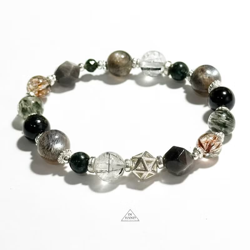 忘憂森林-黑金骨幹太陽石.金運石.黑髮晶-純銀設計