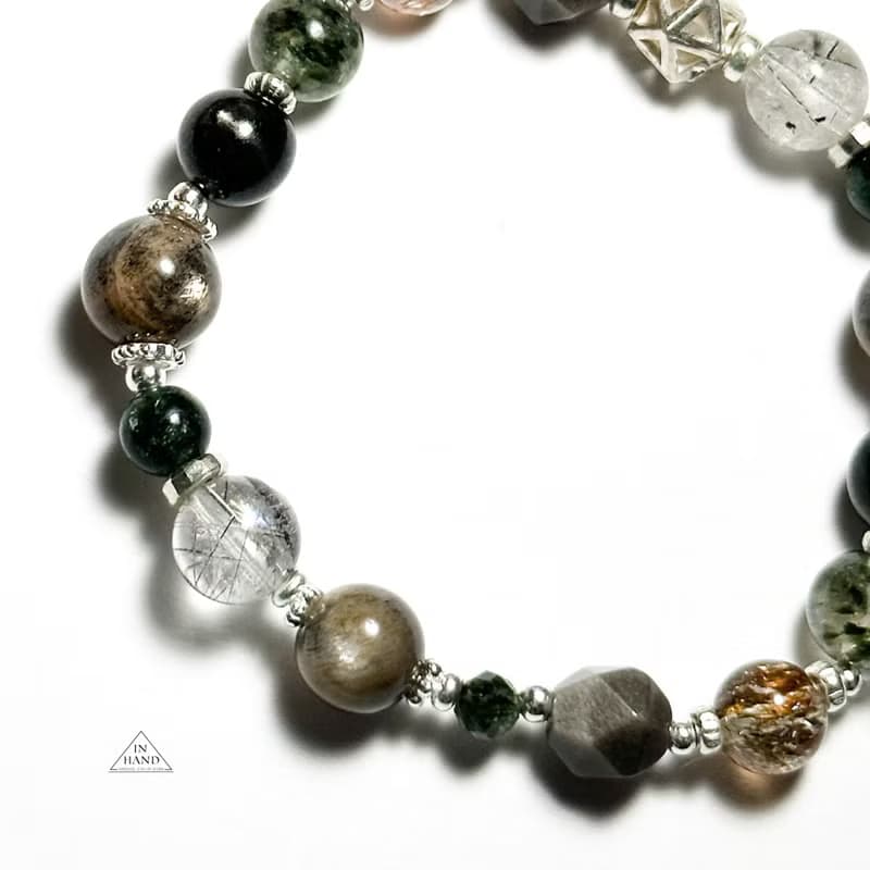 忘憂森林-黑金骨幹太陽石.金運石.黑髮晶-純銀設計