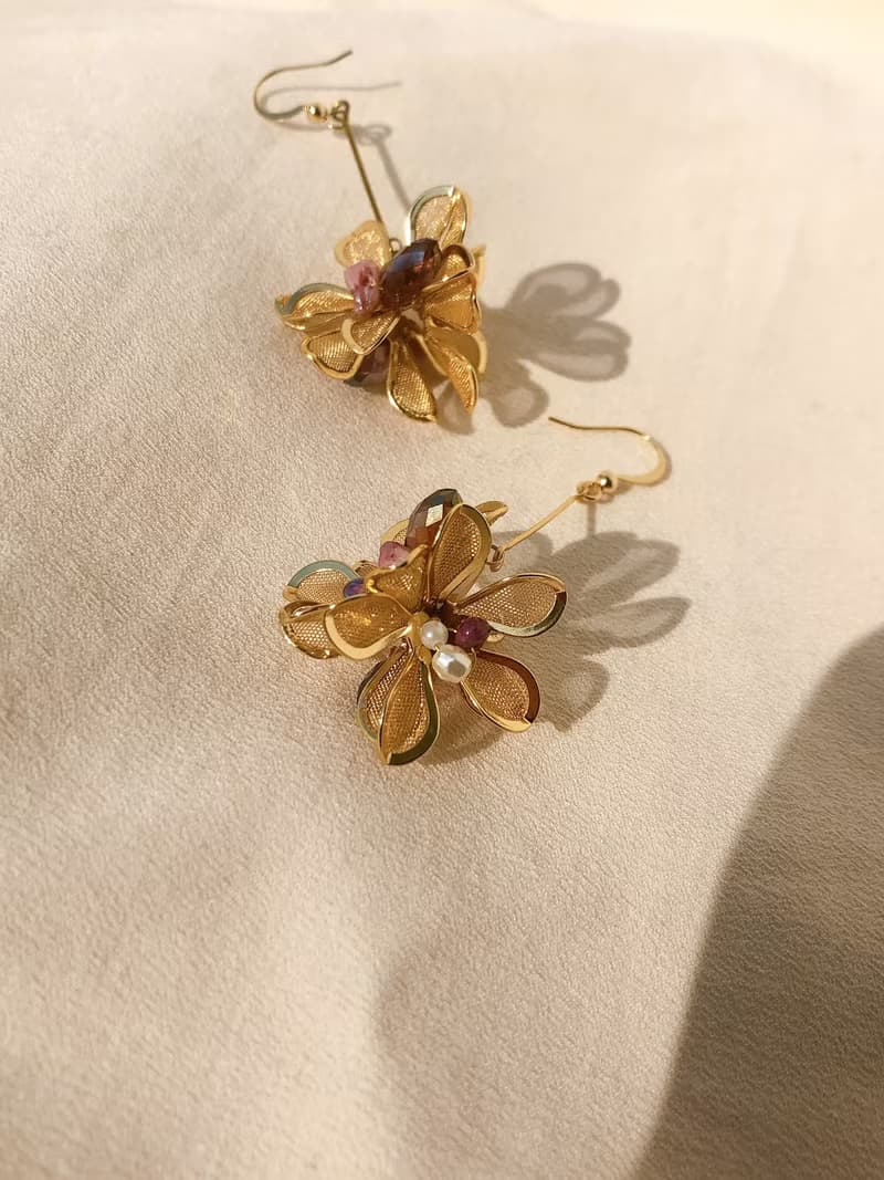 浪漫曇花黃銅 垂吊耳環 低敏耳針 耳夾 花耳環