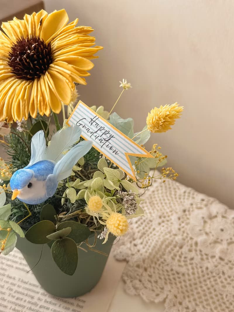 畢業 向日葵盆花 小鳥花語 畢業禮物 桌花