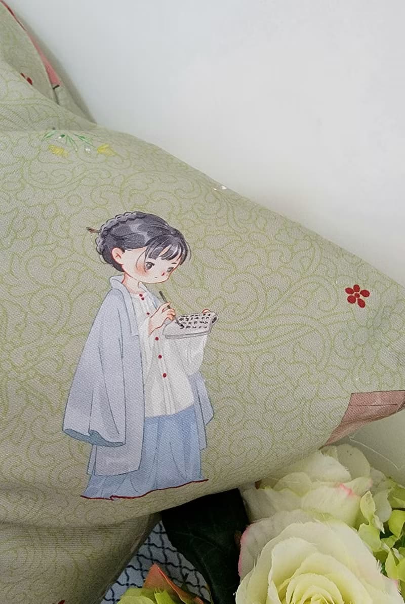 可愛古裝女孩綠色圖案抱枕靠枕靠墊枕套