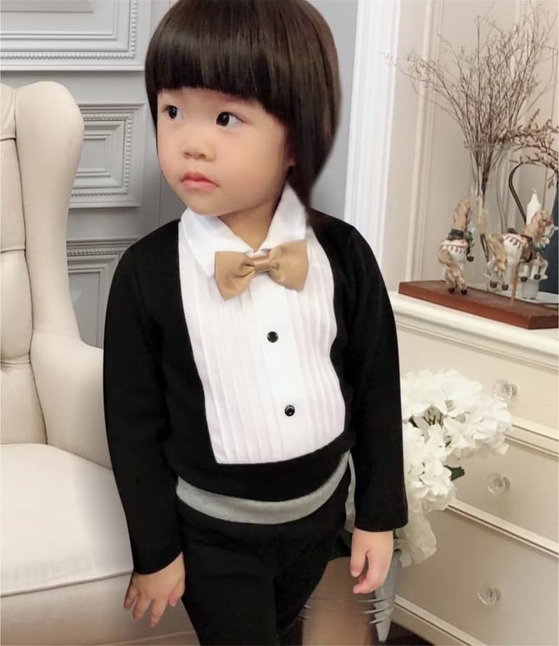 英倫皇家領結小紳士 黑色 長袖 襯衫式假兩件 寶寶 嬰兒 包屁衣