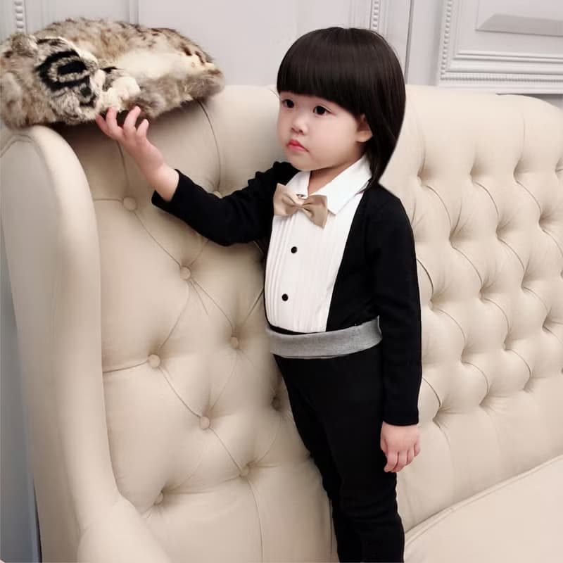 英倫皇家領結小紳士 黑色 長袖 襯衫式假兩件 寶寶 嬰兒 包屁衣