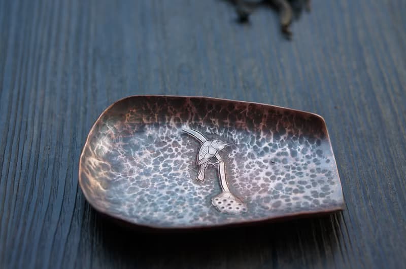 【溪山手作】手工紫銅傳統鏨刻錘紋翠鳥倚蓮茶則茶鏟茶道