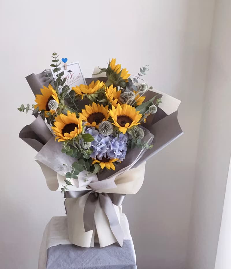 【鮮花】黃色向日葵藍繡球鮮花花束