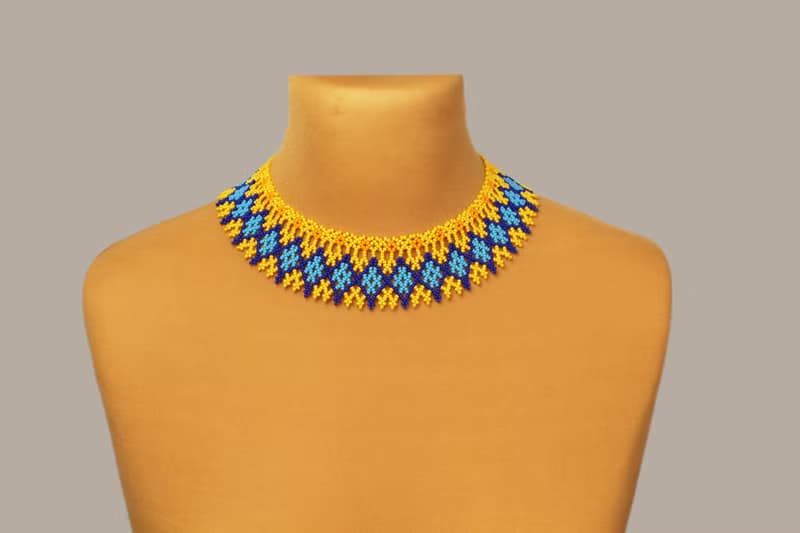 Blue and yellow beaded necklace for woman