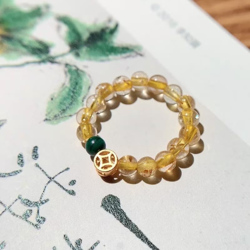 原創手工天然金發晶天然干青戒指s925銀小銅錢招財戒指好運禮物